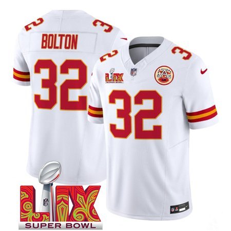 Men's Kansas City Chiefs #32 Nick Bolton White 2025 Super Bowl LIX Patch F.U.S.E. Vapor Limited Stitched Football Jersey